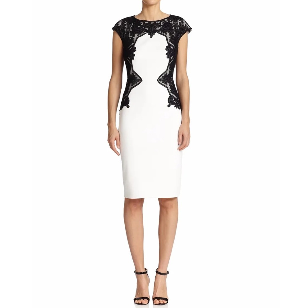 TADASHI SHOJI White Neoprene Scuba Dress with Contrasting Black Lace Trim